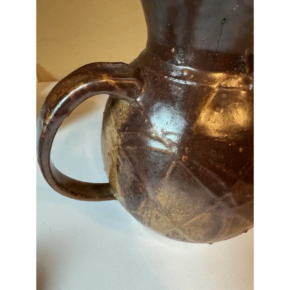 Vintage Studio Pottery Pitcher Hand Thrown Faceted Brown Glaze Art Jug Rustic